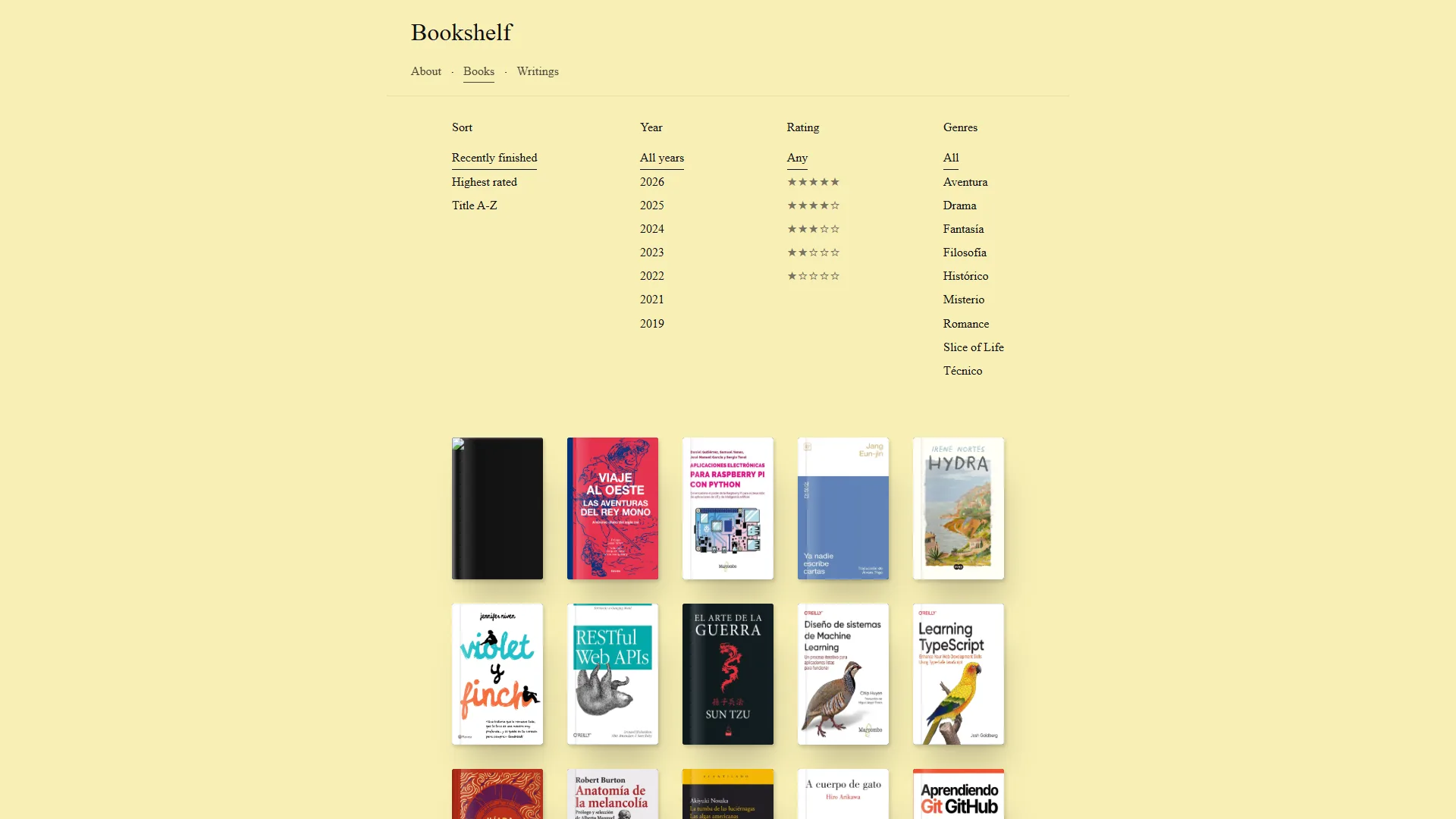 Minimalist personal digital library with a warm yellow background, book covers, reading filters, and a clean editorial layout.