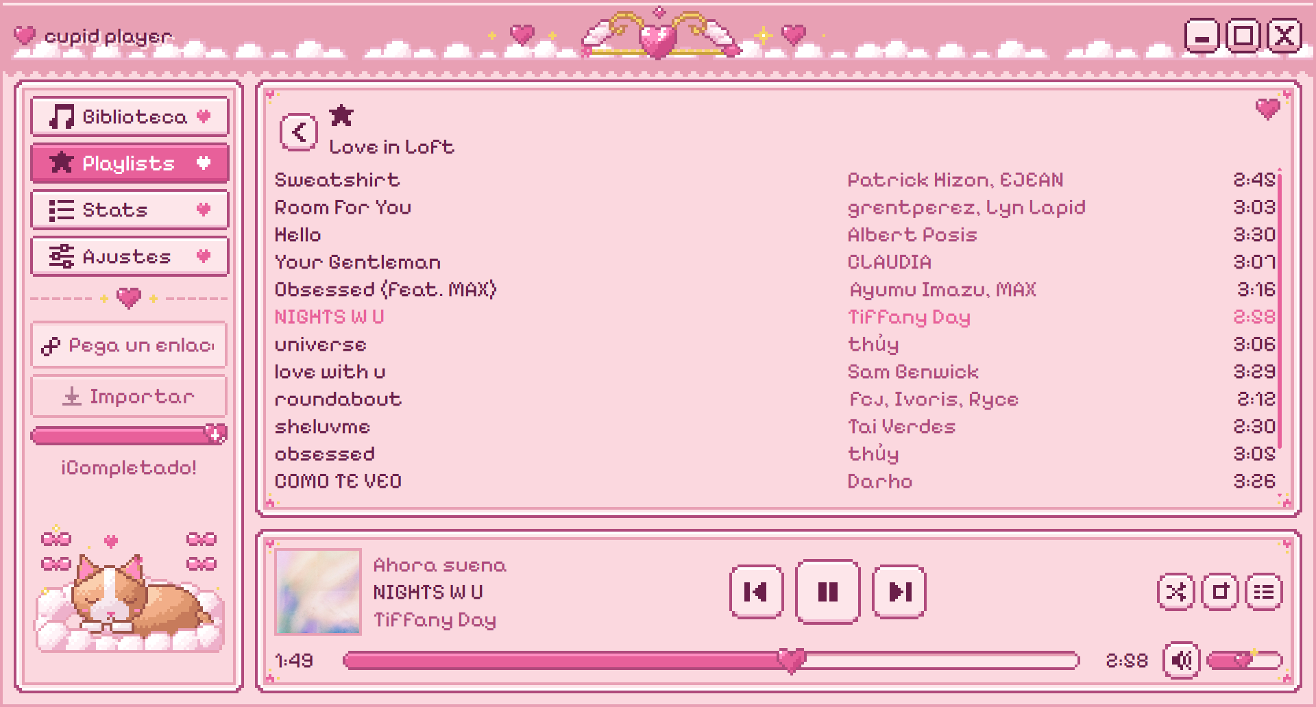 Cupid Player desktop music player featuring a pink pixel-art interface, custom playlists, and music playback controls.